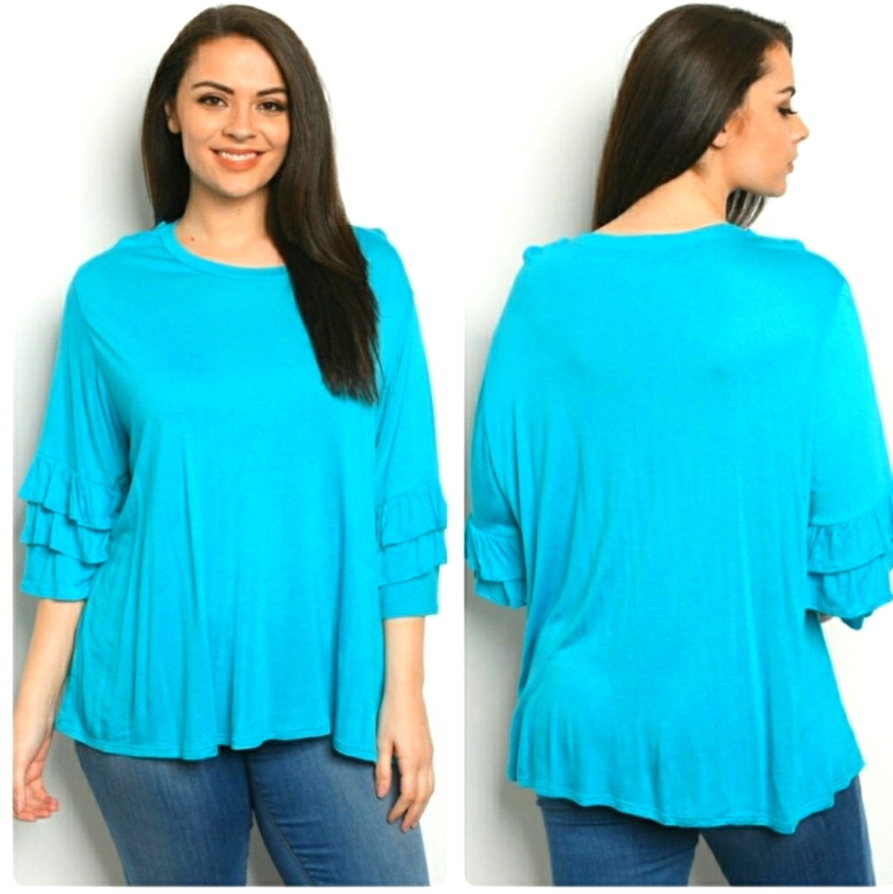 Chris & Carol turquoise top with ruffled sleeves 2X